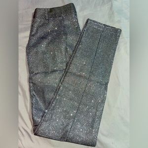 Silver high waisted, skinny legged glitter slacks